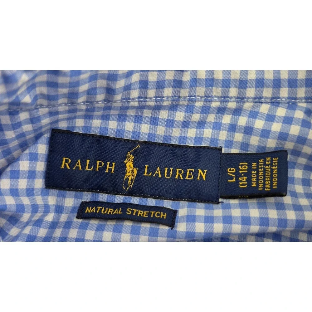 Ralph Lauren Boy Size Large 14-16 Ghingam Check Button Down Blue White Logo Pony